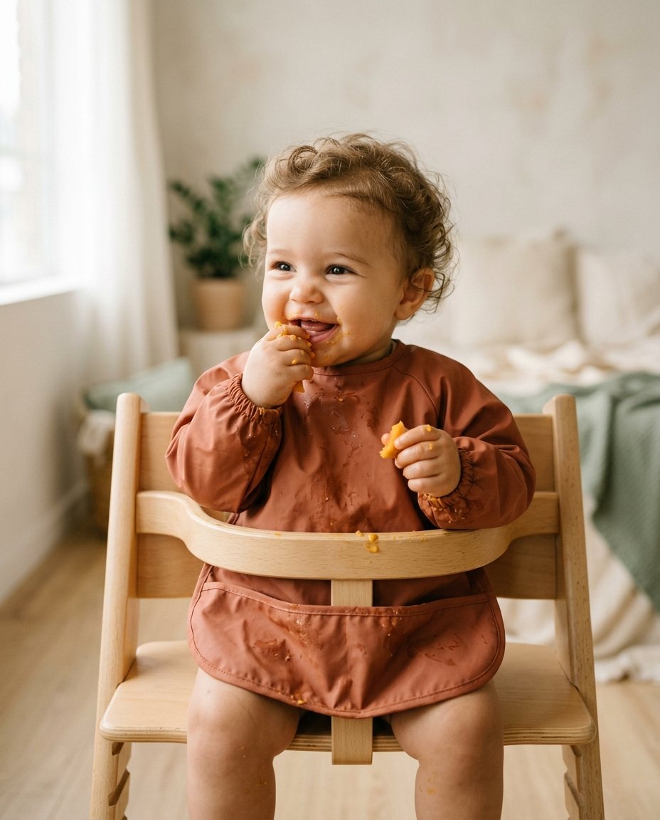 Bebê comendo com as mãos usando babador leve de mangas compridas