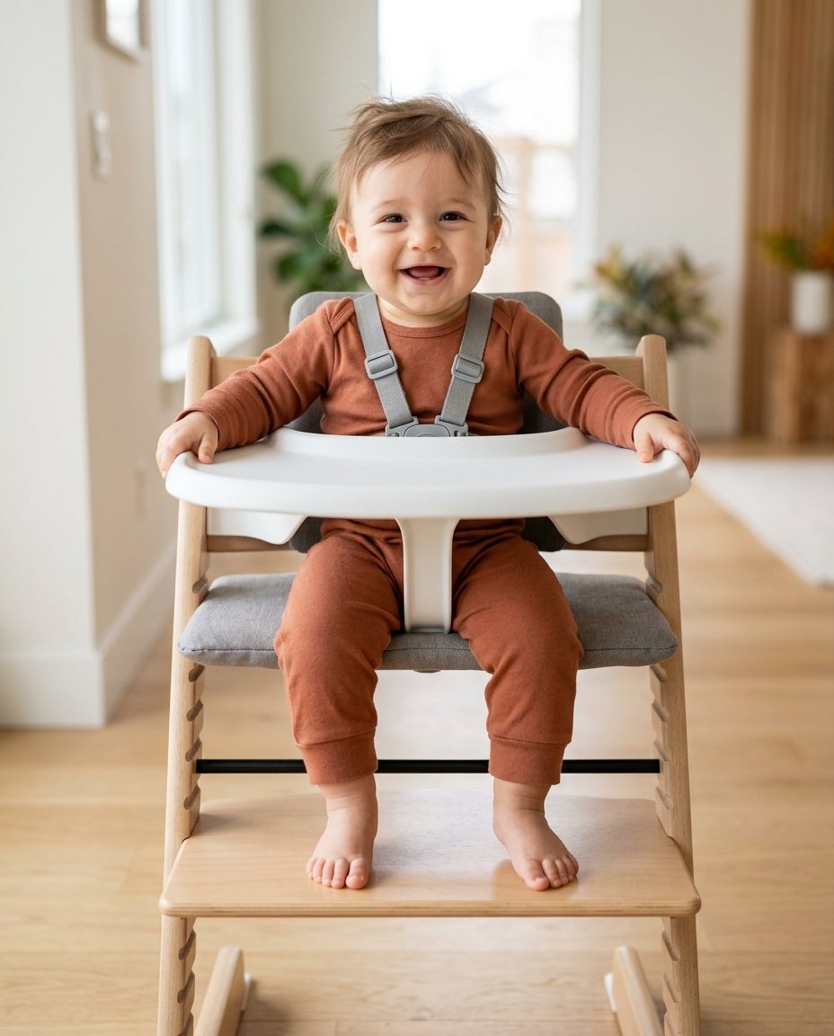 Bebê sentado no cadeirão de alimentação