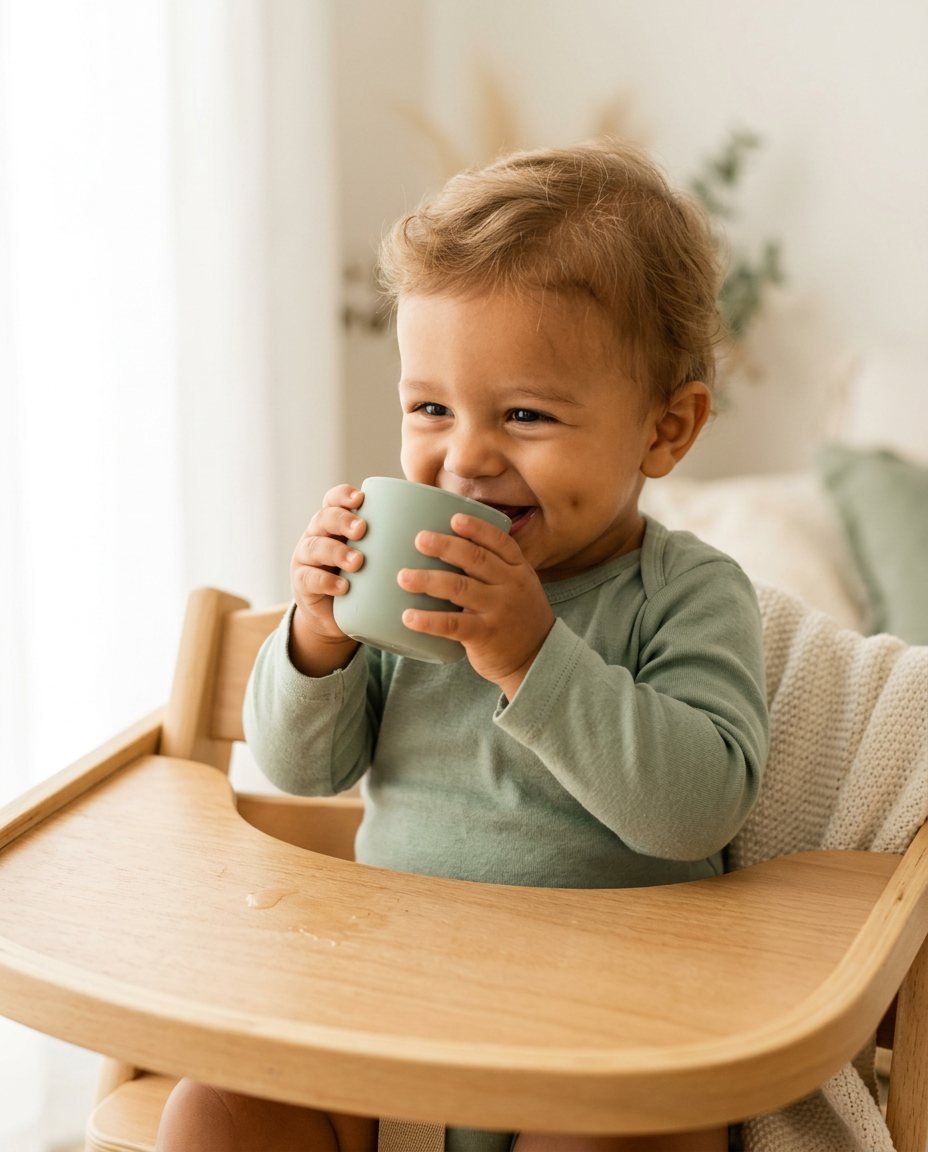 Bebê bebendo água em copo aberto com as duas mãos