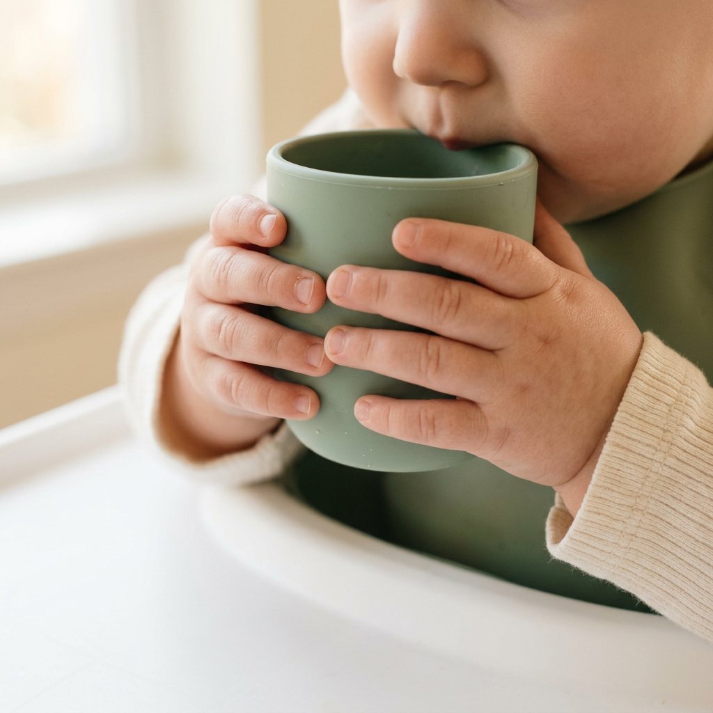 Bebê abraçando o copo pequeno com as duas mãos