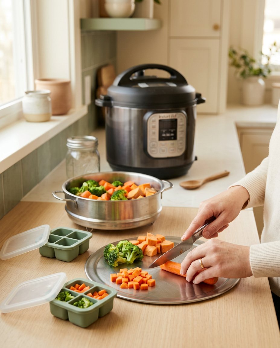 Bancada de cozinha com panela elétrica, legumes no vapor, tábua de inox e formas de silicone