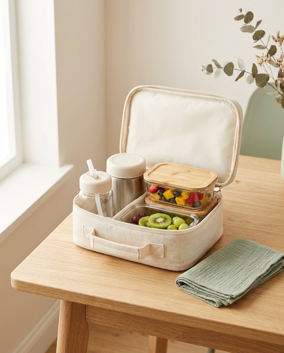 Kit de alimentação fora de casa: lancheira térmica, pote térmico, potes com frutas e garrafinha