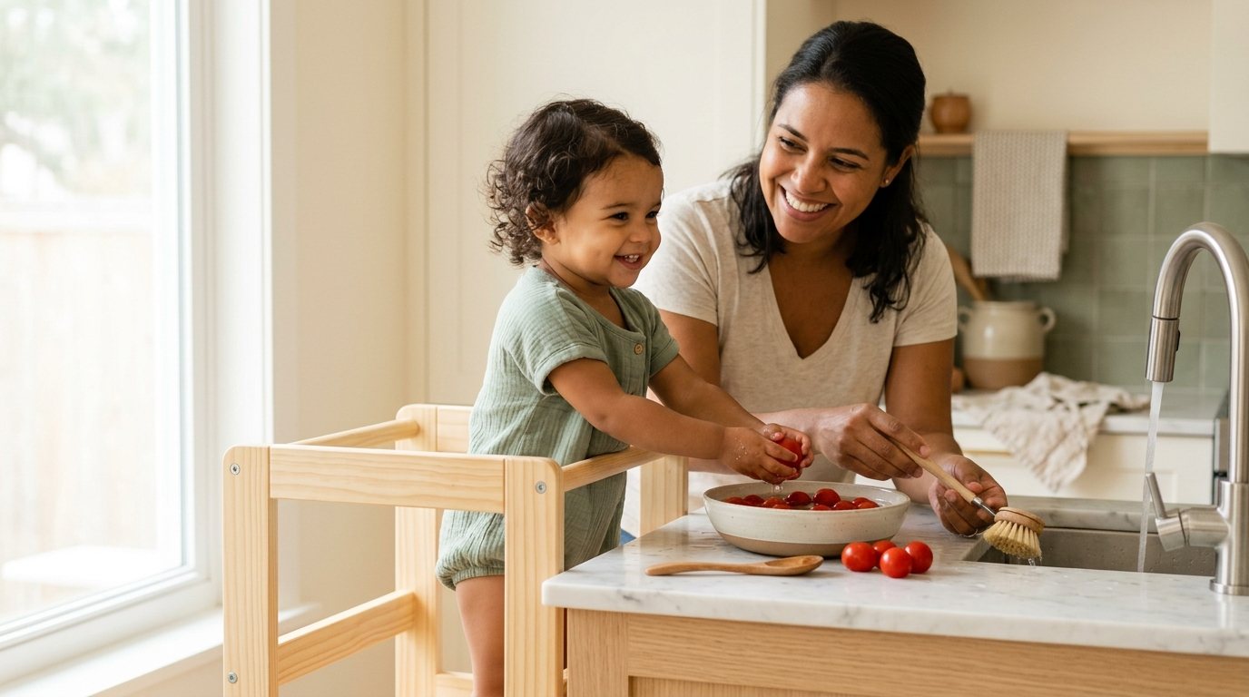 Criança na torre de aprendizado ajudando a lavar tomates na bancada da cozinha