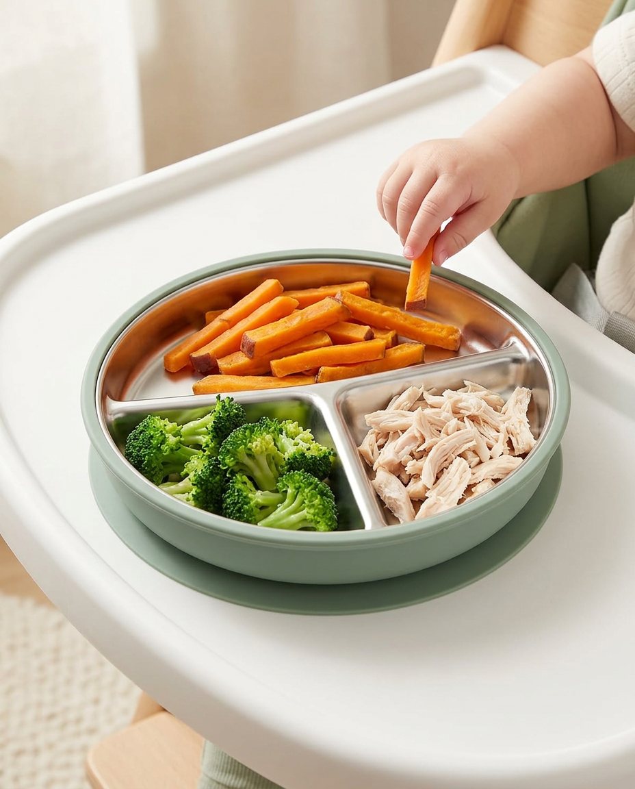 Prato de inox com divisórias e comida colorida