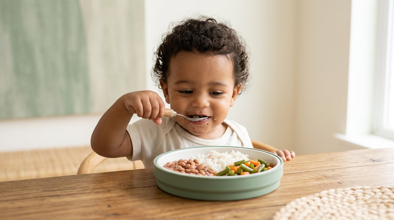 Criança comendo arroz, feijão e legumes na mesinha com o próprio prato