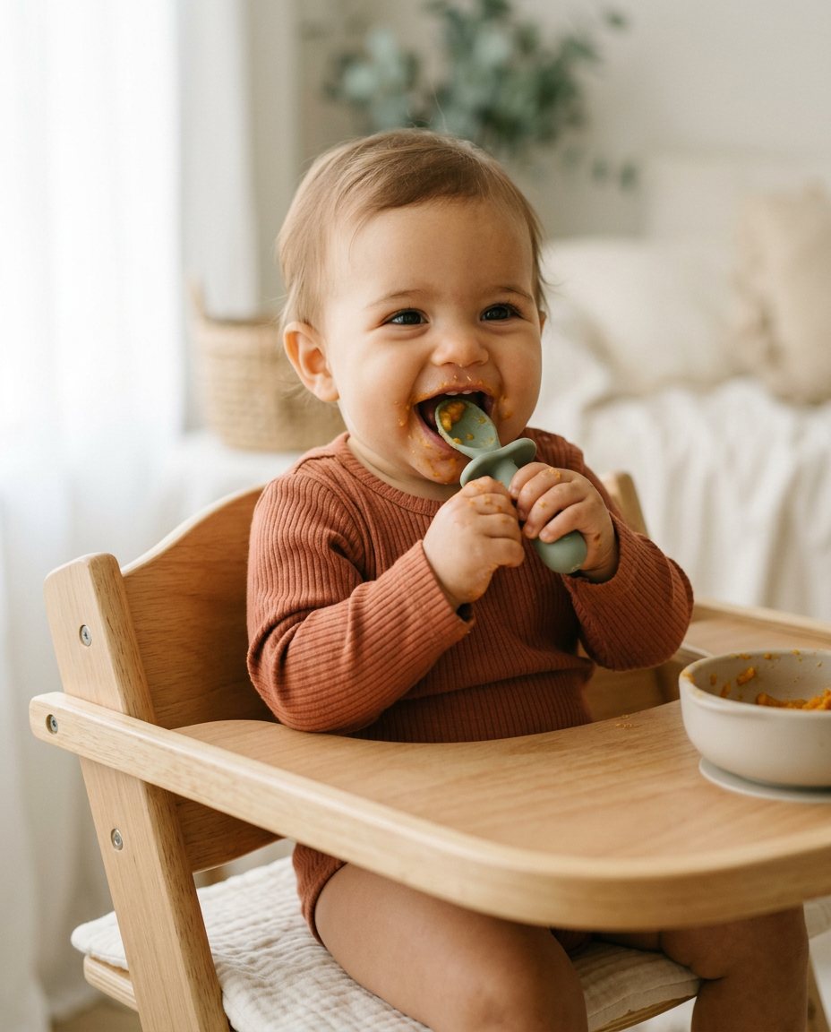 Bebê comendo sozinho com colher de treinamento