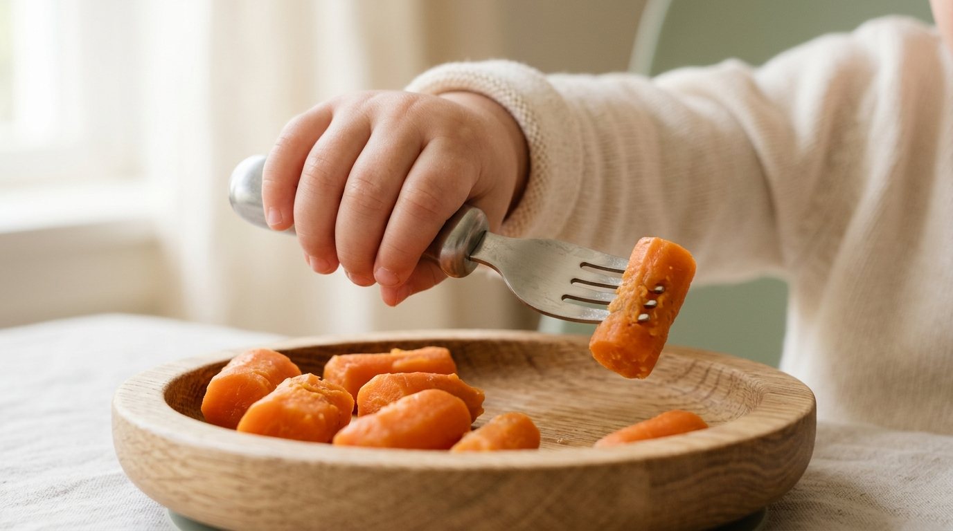 Mão de criança usando garfo infantil de inox com pontas arredondadas