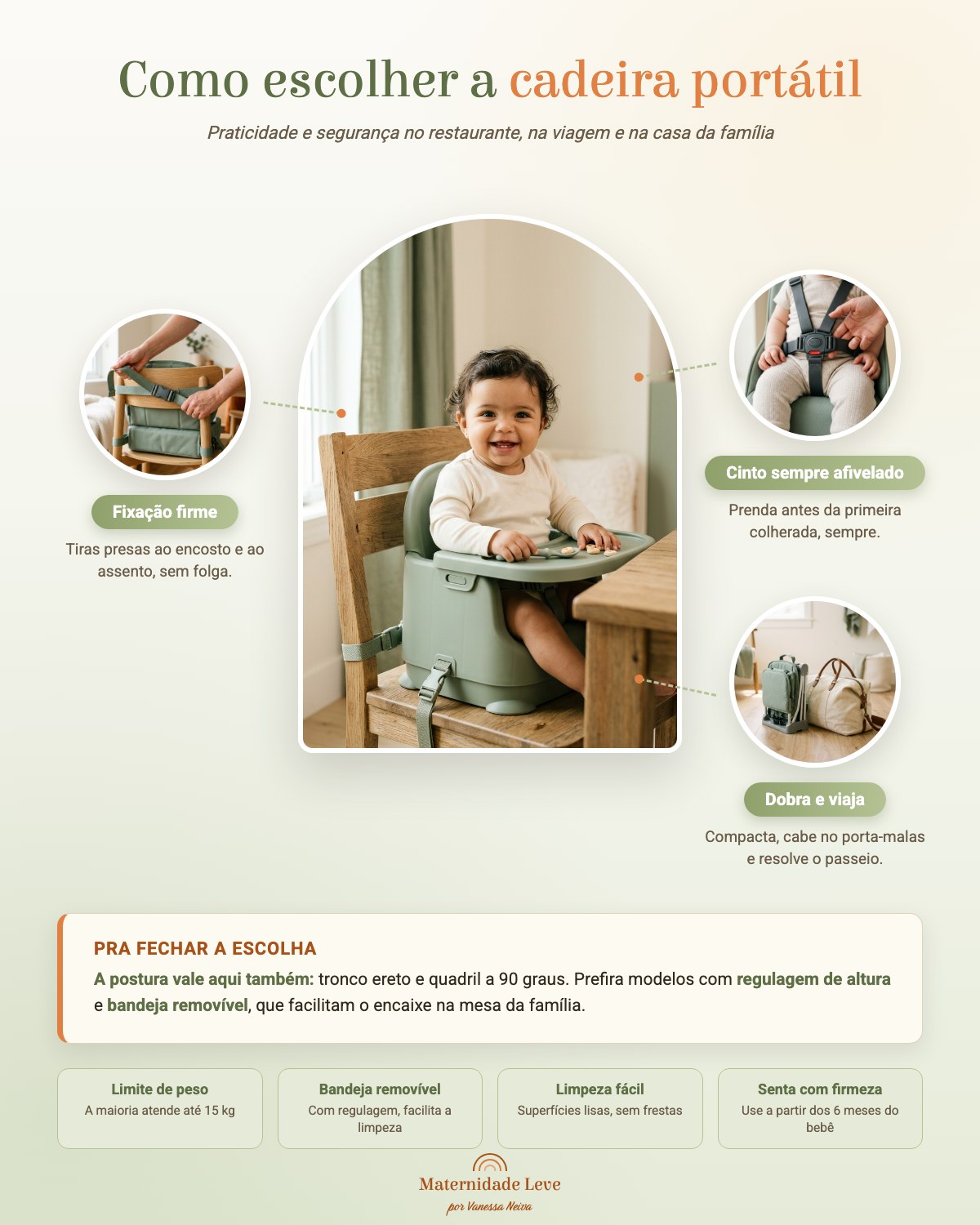 Infográfico: como escolher a cadeira portátil. Fixação firme, cinto afivelado, dobra e viaja, limite de peso, bandeja removível