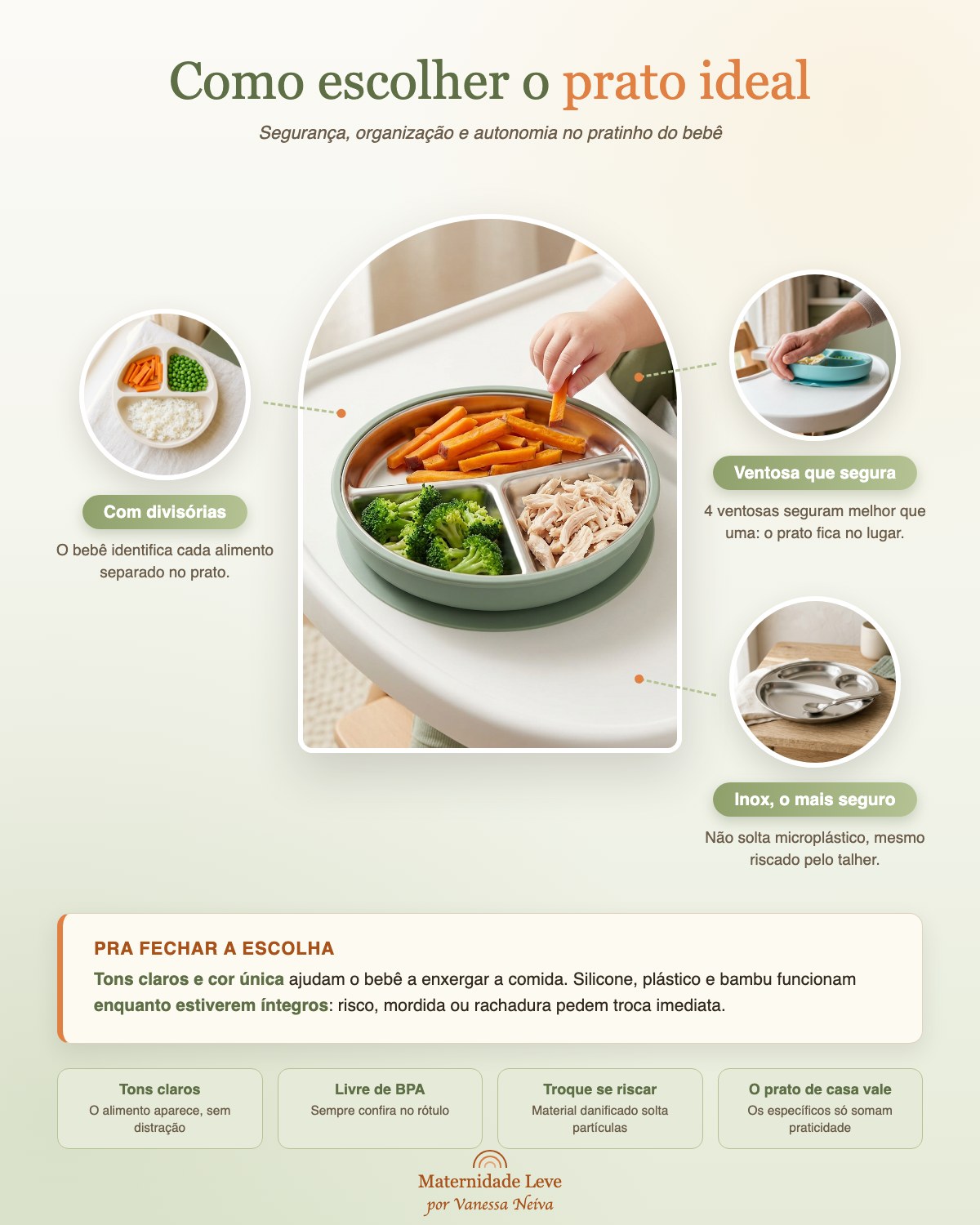 Infográfico: como escolher o prato ideal. Divisórias, ventosa, inox, tons claros e integridade do material
